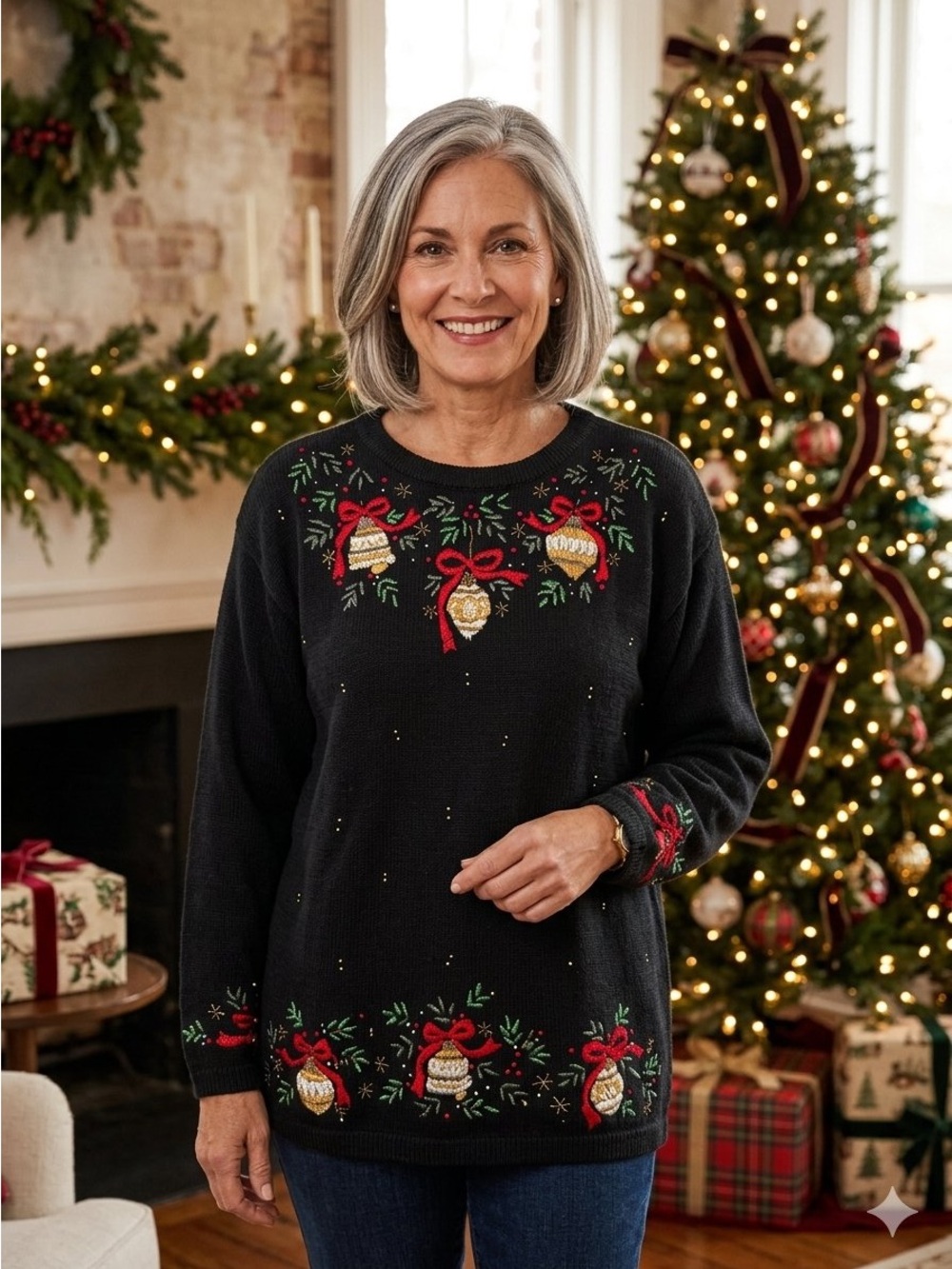 Victoria Jones Embroidered Ramie Christmas Sweater XL